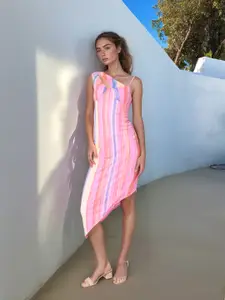 Stylecast X Hersheinbox Vertically Striped Cut-Out Detail Mesh Bodycon Midi Dress