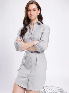 Stylecast X Hersheinbox High-Low Hem Shirt Style Mini Dress With Fabric Belt