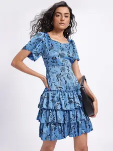 Stylecast X Hersheinbox Floral Print Flared Sleeve Satin Tiered Mini Dress