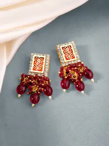 Peora Gold Plated Maroon Cubic Zirconia & Beaded Drop Earrings