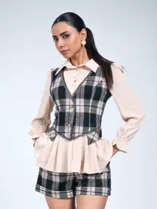 PANKH Checked Shirt Collar Long Sleeves Pure Silk Shirt With Shorts With Waistcoat