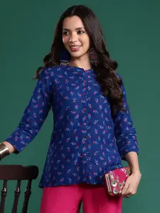 Sangria Floral Print Mandarin Collar Shirt Style Top