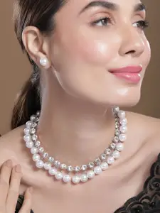 Rubans Rhodium Plated Luxurious Pearl & Zirconia Studded Statement Necklace Set