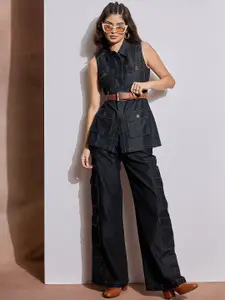 SASSAFRAS Sleeveless Shirt Collar Pure Cotton Top With Cargo Pants