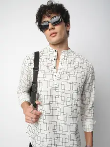 VASTRADO Geometric Embroidered Band Collar Jacquard Cotton Kurta