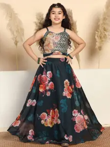 BAESD Girls Floral Printed Sequinned Organza Ready to Wear Lehenga & Blouse