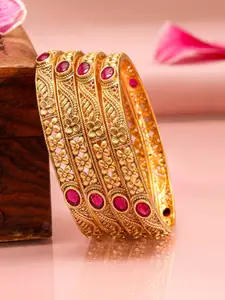 Rubans Set of 4, 22K Gold-Plated Ruby Pink Stone & Traditional Motif Bangles