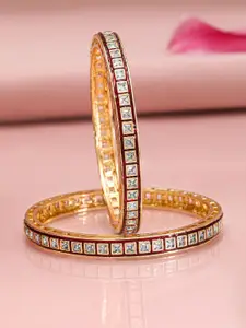 Rubans Set of 2, 22K Gold-Plated Red-Border Square-Cut White CubicZirconia Studded Bangles