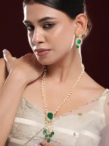 Rubans 22K Gold-Plated Green Onyx & Pearl Beaded Layered Necklace Set  with CZ Accents