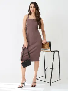 Globus Buckle Detail Square Neck Strappy Shoulder Korean Midi Sheath Party Dress