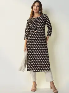 SHOWOFF Animal Printed Tie-up Neck Cotton Straight Kurta