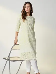 SHOWOFF Floral Embroidered Thread Work Straight Kurta