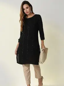 SHOWOFF Embellished Round Neck Sequinned Straight Kurta