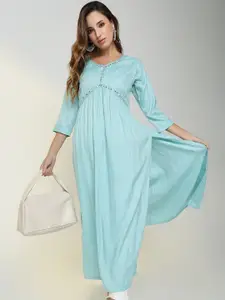 SHOWOFF Woven Design V-Neck Mirror Work Empire Cotton A-Line Kurta