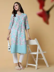 SHOWOFF Floral Printed Thread Work V-Neck Cotton Straight Kurta