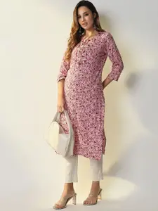 SHOWOFF Floral Printed Round Neck Cotton Straight Kurta