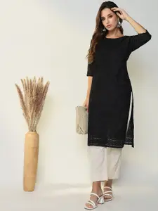 SHOWOFF Floral Embroidered Round Neck Thread Work Cotton Straight Kurta