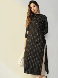 SHOWOFF Striped Mandarin Collar Cotton Straight Kurta