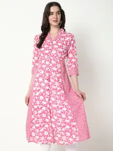 SHOWOFF Floral Printed Shirt Collar Cotton A-Line Kurta