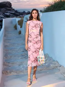 Stylecast X Hersheinbox Floral Print Cut-Out Ruched Net Sheath Midi Dress