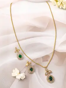 Rubans 22K Gold-Plated Emerald Green and White CubicZirconia Studded Pendant Jewellery Set