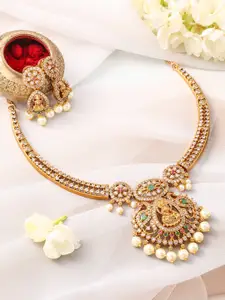 Rubans 22K Gold-Plated Emerald Green, Ruby Pink & White Cubic Zirconia Temple Necklace Set