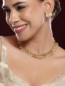 Rubans 22K Gold-Plated Traditional Coin Necklace Set with Ruby Pink & Emerald Green Stones
