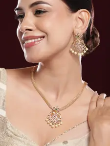 Rubans 22K Gold-Plated Emerald & Cubic Zirconia Studded Necklace Set with Pearl Accents