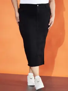 Purple Feather Plus Size Washed Denim Midi Skirt