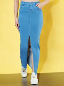 Purple Feather Women Straight Pencil  Washed Denim Maxi Skirt