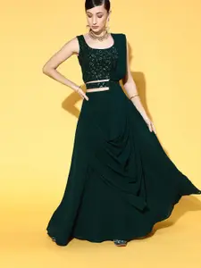 KALINI Embroidered Thread Work Semi-Stitched Lehenga & Unstitched Blouse With Dupatta