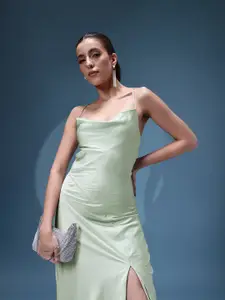 bebe Future Glam Satin Finish A-Line Midi Dress With Side Slit