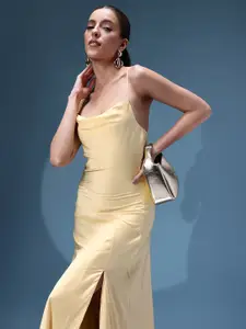 bebe Future Glam Satin Finish A-Line Midi Dress With Side Slit