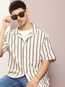 Kook N Keech Men Premium Striped Cuban Collar Relaxed Fit Pure Cotton Casual Shirt