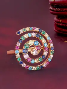 Ornate Jewels 925 Sterling Silver 18K Gold-Plated CZ Studded Rainbow Chakra Spiral Ring
