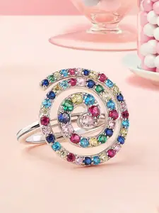 Ornate Jewels 925 Sterling Silver Rhodium-Plated CZ Studded Rainbow Chakra Spiral Ring