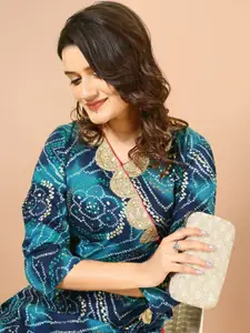 Sangria Teal Blue Bandhani Printed Angrakha Sequined Straight Kurta