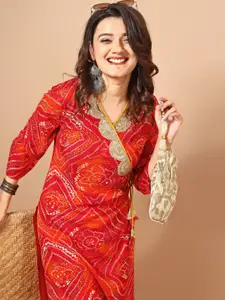Sangria Red Bandhani Printed Angrakha Sequined Straight Kurta