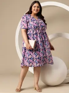 Sztori Plus Size Abstract Printed Puff Sleeve Dress