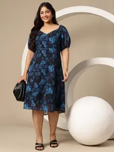 Sztori Plus Size Floral Print Puff Sleeves Gathered Detail Midi Empire Dress