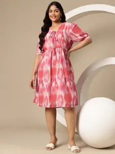 Sztori Plus Size Abstract Printed Puff Sleeve A-Line Dress