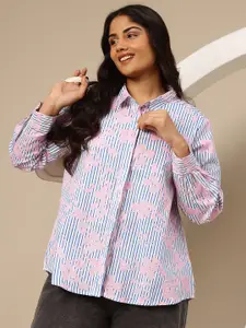Sztori Women Plus Size Striped Floral Print Curved Hem Pure Cotton Casual Shirt