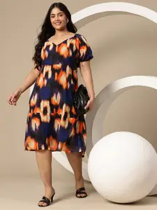 Sztori Plus Size Abstract Print Puff Sleeves Gathered Detail Midi Empire Dress