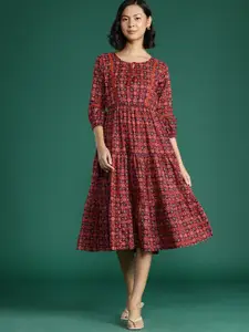 DressBerry Ethnic Motifs Print Tie-Up Neck Puff Sleeve Pure Cotton Fit & Flare Midi Dress