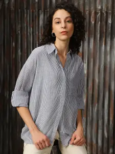 High Star Women Relaxed Spread Collar Vertical Striped Cotton Oversized Casual Shirt