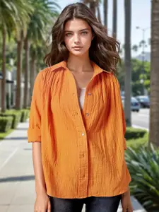 High Star Women Relaxed Spread Collar Textured Cotton Oversized Casual Shirt