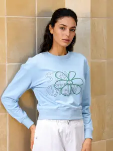 Freehand by The Indian Garage Co Women Cotton Printed Round Neck Crop Sweatshirt