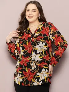 Qurvii+ Plus Size Comfort Floral Chain Printed Semi Sheer Printed Casual Shirt