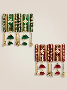 Peora Set Of 2 Gold-Plated Kundan Stone-Studded & Beaded Velvet Bangles