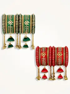 Peora Set Of 20 Gold Plated Velvet Kundan Stone Studded Bangles